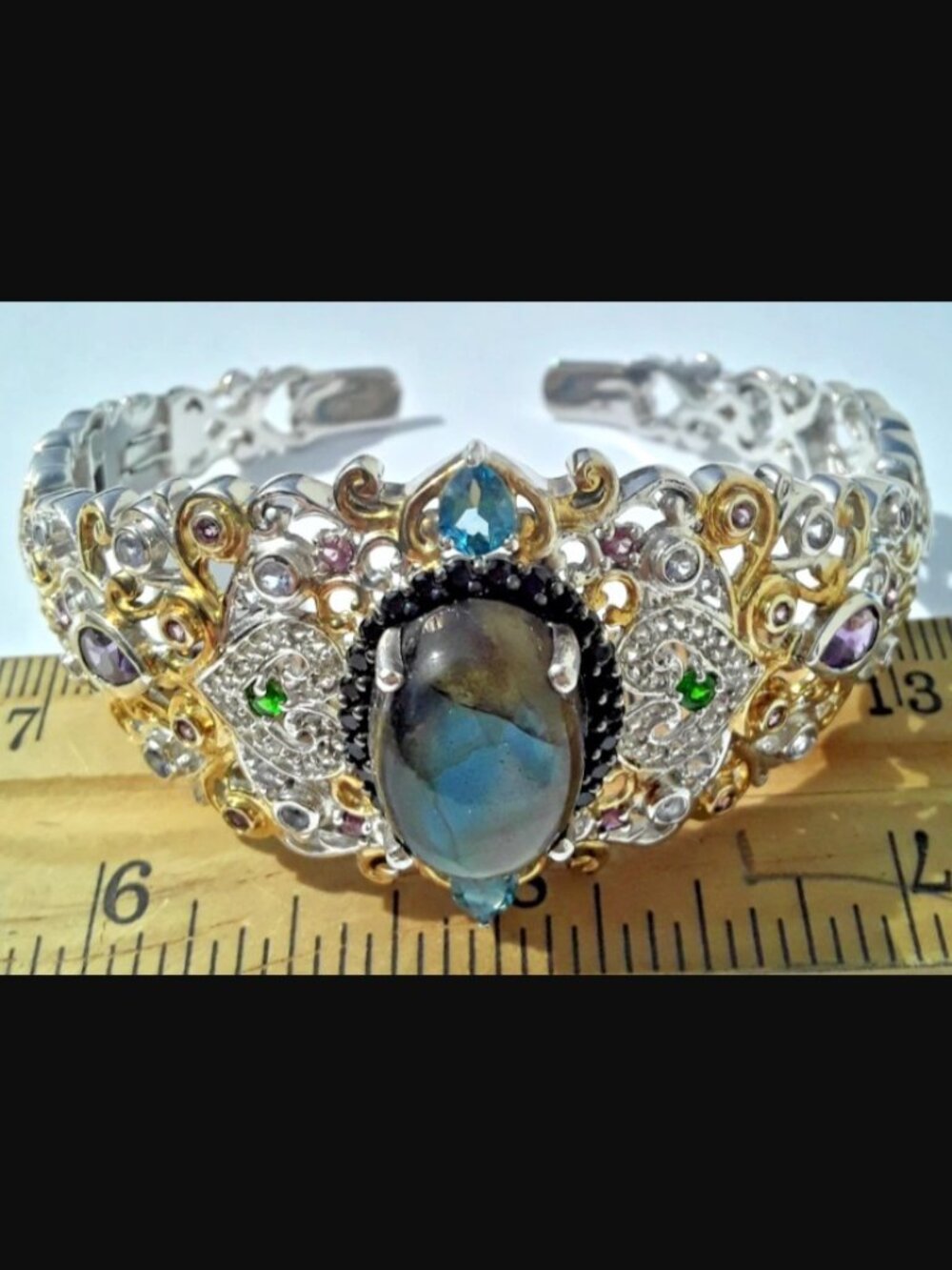 Cuff bracelet multi gemstone SILVER FILIGREE Labradorite SIZE 7 - 7.25 NEW